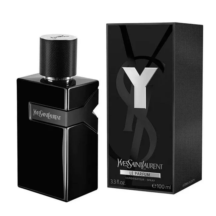 Yves Saint Laurent Y Le Parfum 100ml black bottle beside its black box