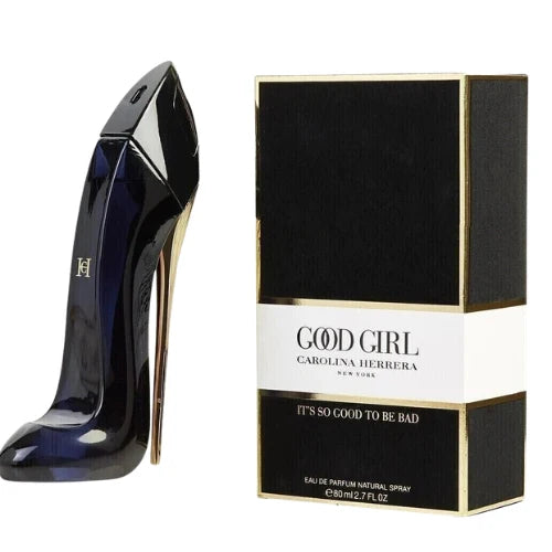 Carolina Herrera Good Girl 80ml navy stiletto bottle beside its black and gold box