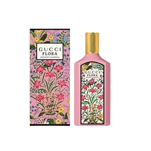 Gucci Flora Gorgeous Gardenia Eau de Parfum pink floral bottle beside its illustrated box