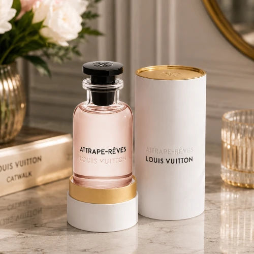 Louis Vuitton Attrape-Rêves Eau de Parfum 100ml pink bottle beside its white cylindrical case