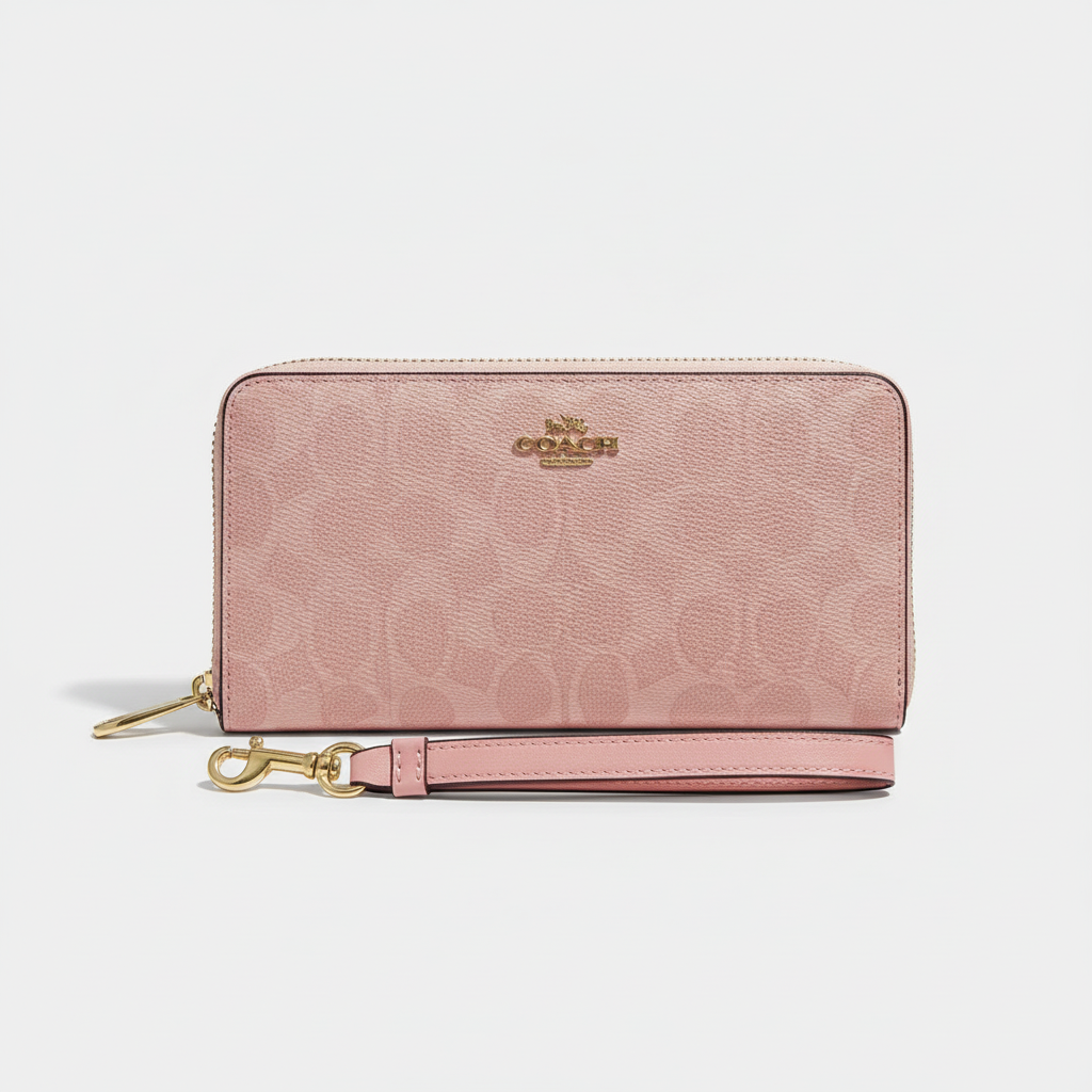 Pink zip wristlet wallet on a clean white studio background