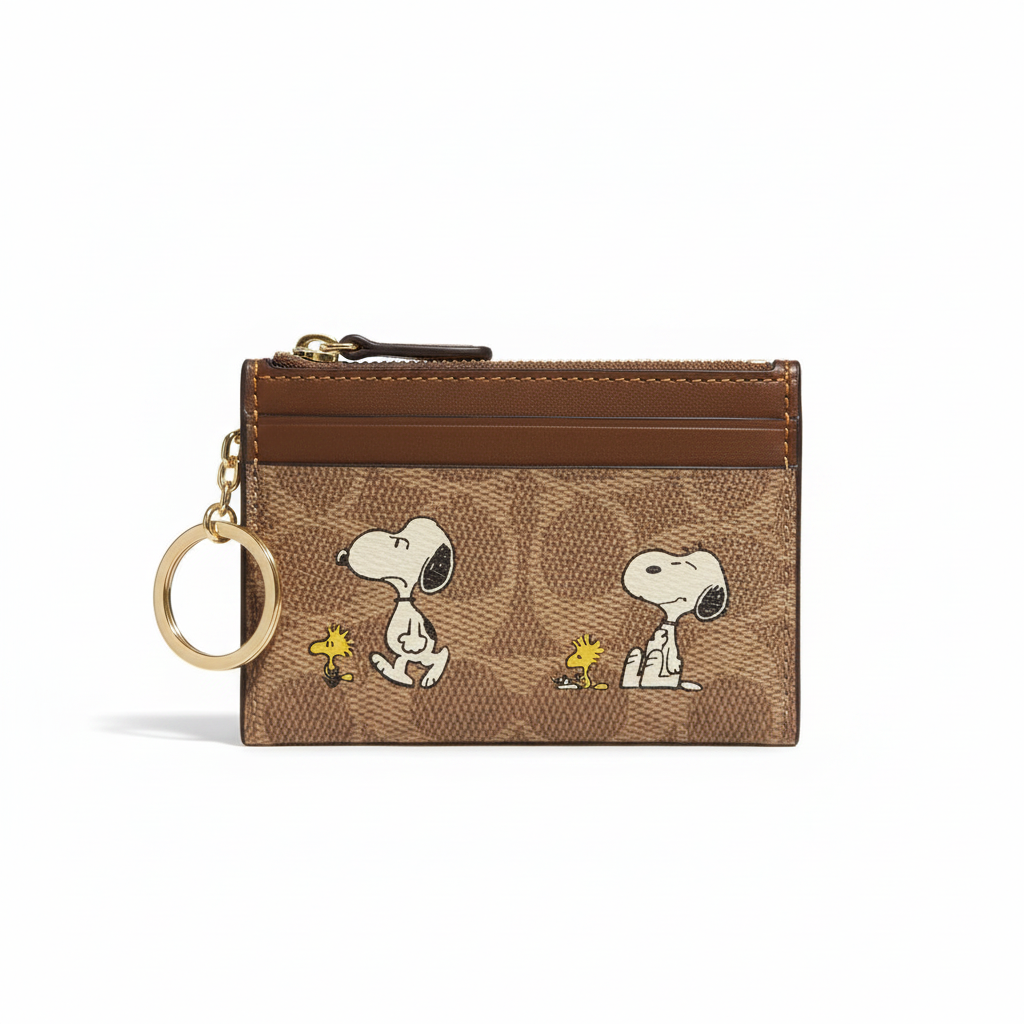 Brown Snoopy monogram card wallet on a clean white studio background