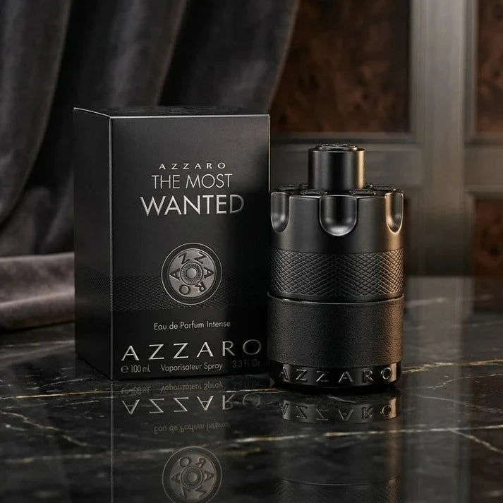 Azzaro The Most Wanted Eau de Parfum Intense 100ml bottle beside its sealed black box