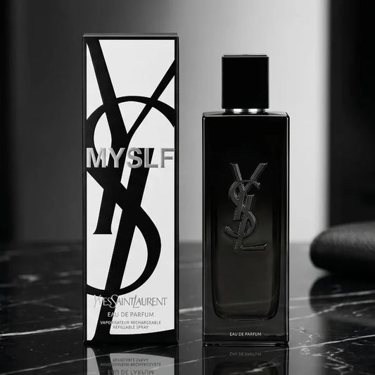 YSL MYSLF Eau de Parfum 100ml black bottle beside its black and white box