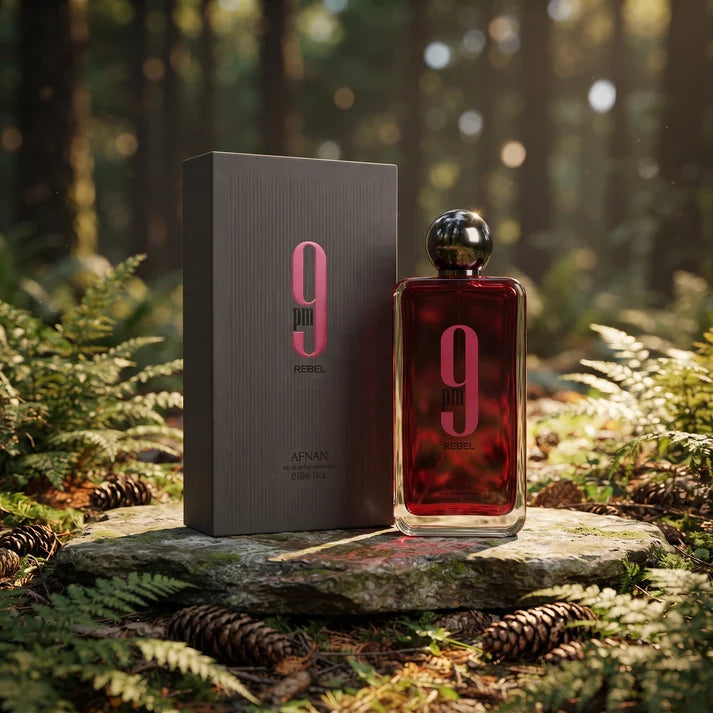 Afnan 9PM Rebel Eau de Parfum 100ml red bottle beside its grey box on a forest floor