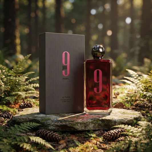 Afnan 9PM Rebel Eau de Parfum 100ml red bottle beside its grey box on a forest floor