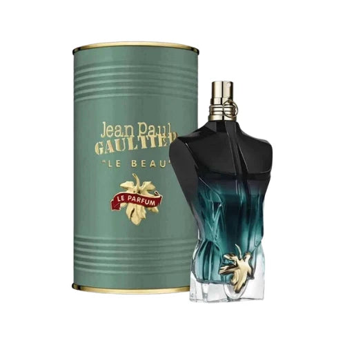 Teal and black sculpted men's Eau de Parfum bottle beside its ribbed green metal tin