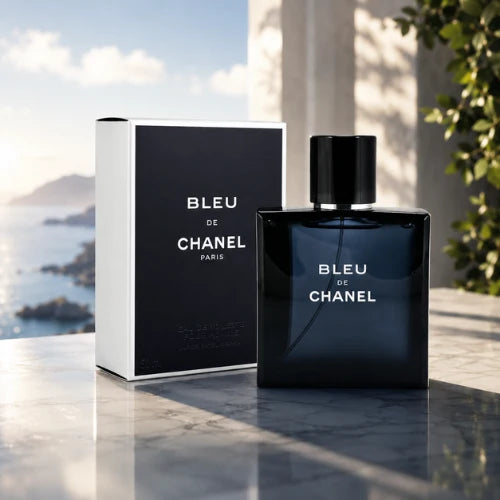 Bleu de Chanel Eau de Toilette 100ml bottle beside its white and black box