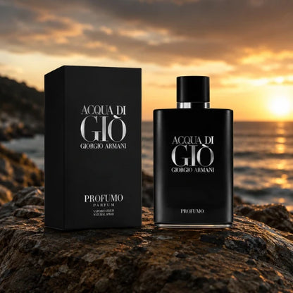 Giorgio Armani Acqua di Gio Profumo 4.2 oz bottle and box on a rock at sunset