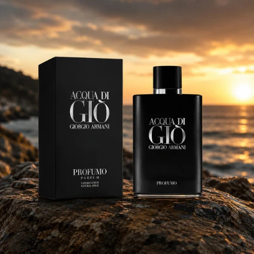Giorgio Armani Acqua di Gio Profumo 4.2 oz bottle and box on a rock at sunset