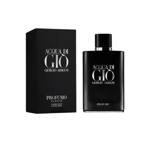Giorgio Armani Acqua di Gio Profumo 4.2 oz bottle beside its black box on a white background