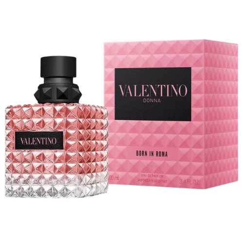 Valentino Donna Born In Roma 3.4oz studded pink bottle beside its pink box