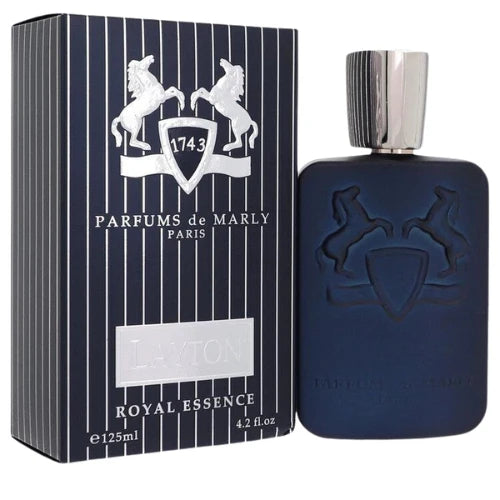 Parfums de Marly Layton Royal Essence 125ml navy bottle beside its pinstriped box