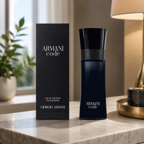 Armani Code Eau de Toilette 2.5oz bottle beside its black box