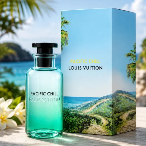 Louis Vuitton Pacific Chill Eau de Parfum 100ml aqua bottle beside its illustrated coastal box