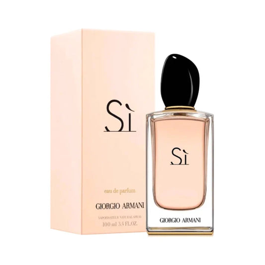Giorgio Armani Si Eau de Parfum 100ml pink bottle beside its blush box