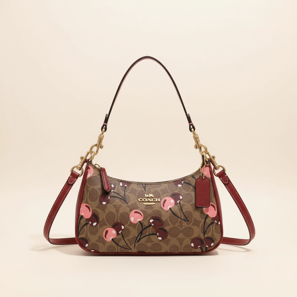 Coach signature canvas shoulder bag with cherry print and red accents