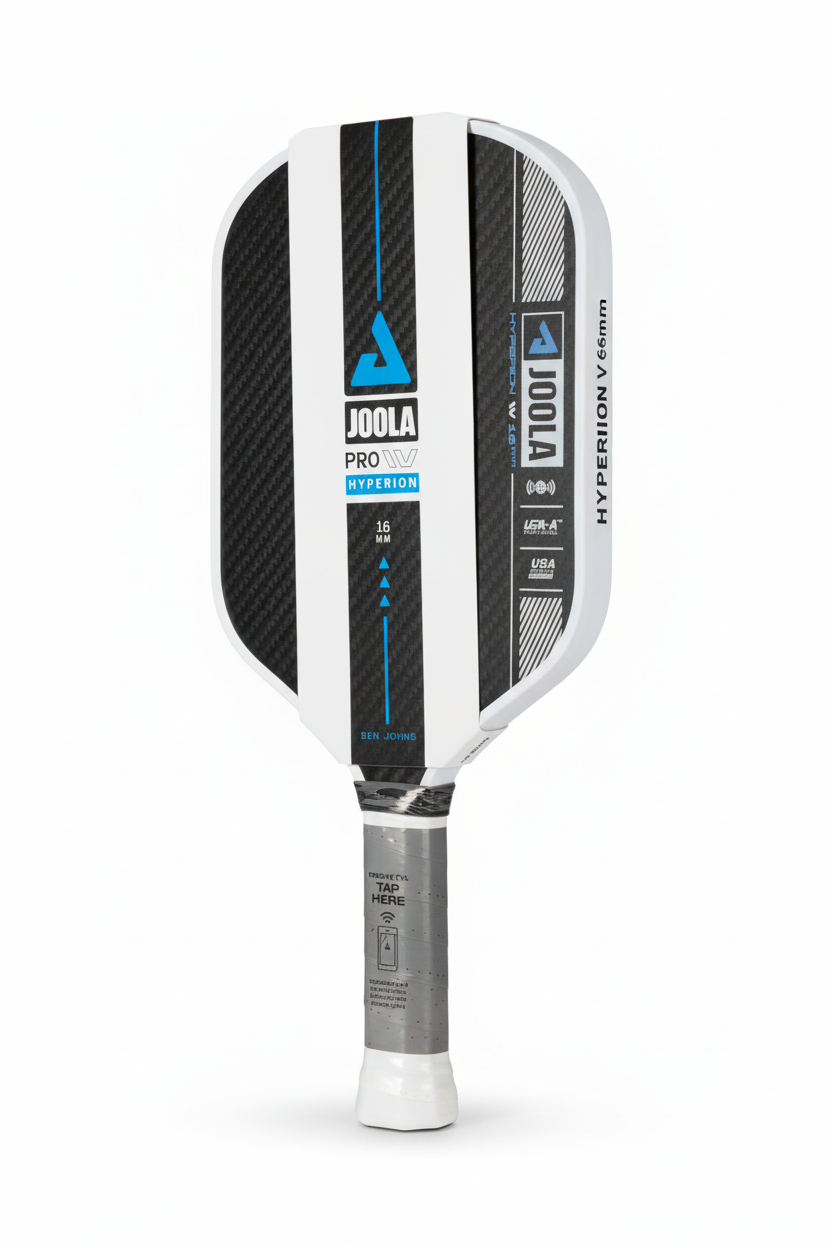 JOOLA Hyperion Pro IV blue and white pickleball paddle on a clean white studio background