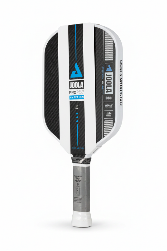 JOOLA Hyperion Pro IV blue and white pickleball paddle on a clean white studio background