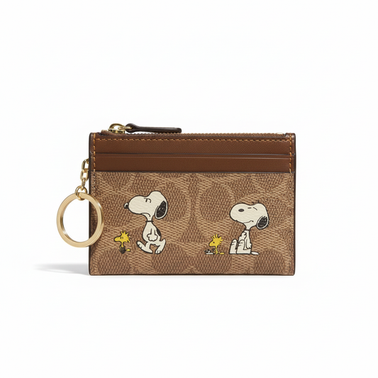 Brown Snoopy monogram card wallet on a clean white studio background