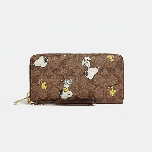 Brown Snoopy monogram zip wristlet wallet on a clean white studio background
