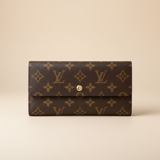 Brown Louis Vuitton monogram long wallet with flap and snap closure