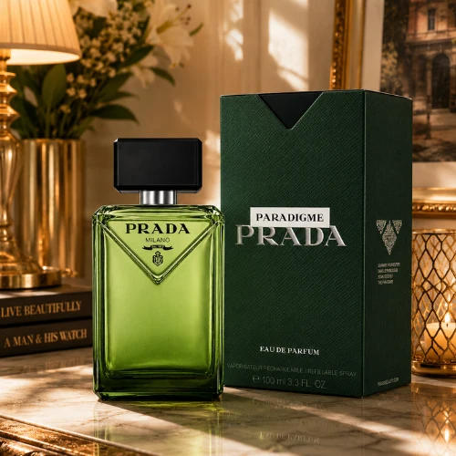 Prada Paradigme Eau de Parfum 100ml green bottle beside its dark green box