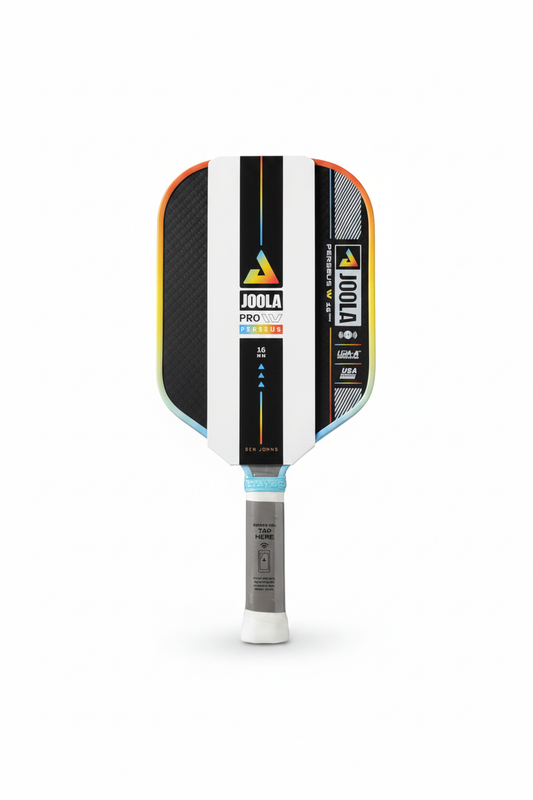 JOOLA Ben Johns Perseus Pro IV yellow and teal pickleball paddle on a clean white studio background