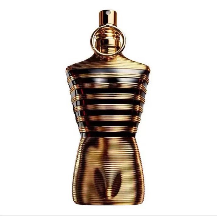 Gold ribbed sculpted Eau de Parfum bottle on a white background