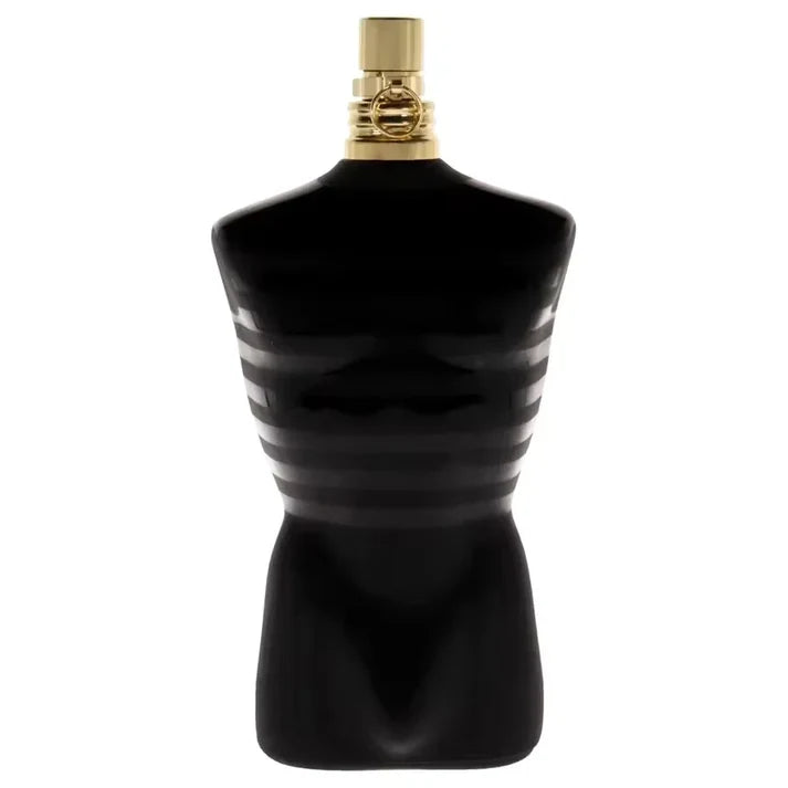 Black sculpted Eau de Parfum bottle with gold cap on a white background