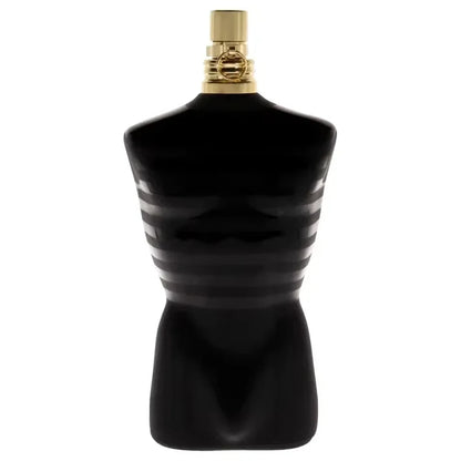 Black sculpted Eau de Parfum bottle with gold cap on a white background
